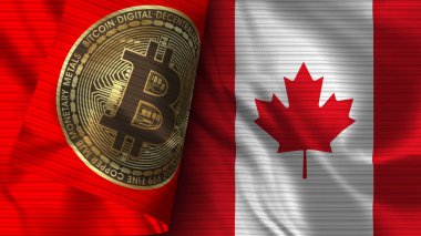 Kanada ve Bitcoin Gerçekçi Bayrak Kumaşı Dokusu 3B Görüntü