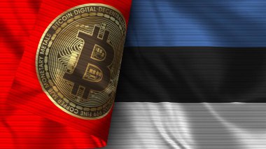 Estonya ve Bitcoin Gerçekçi Bayrak Kumaşı Dokusu 3B Görüntü