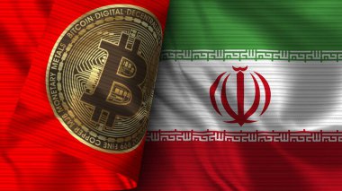İran ve Bitcoin Gerçekçi Bayrak Kumaşı Dokusu 3B Görüntü