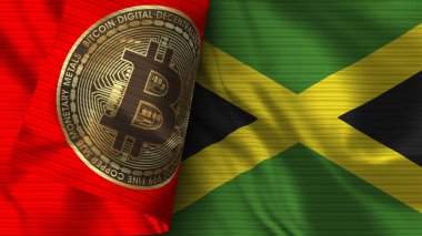 Jamaika ve Bitcoin Gerçekçi Bayrak Kumaşı Dokusu 3B Görüntü