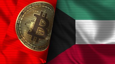 Kuveyt ve Bitcoin Gerçekçi Bayrak Kumaşı Dokusu 3B Görüntü