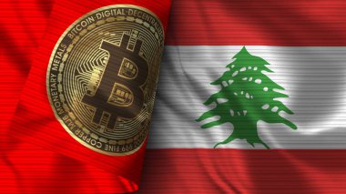 Lübnan ve Bitcoin Gerçekçi Bayrak Kumaşı Dokusu 3B Görüntü