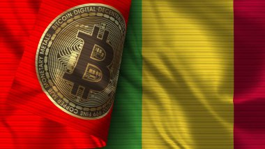 Mali ve Bitcoin Gerçekçi Bayrak Kumaşı Dokusu 3B Görüntü