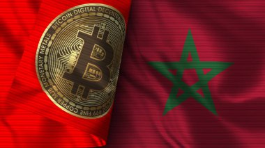 Fas ve Bitcoin Gerçekçi Bayrak Kumaşı Dokusu 3B Görüntü