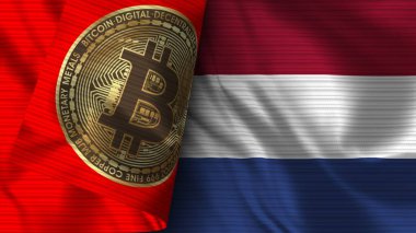 Hollanda ve Bitcoin Gerçekçi Bayrak Kumaşı Dokusu 3B Görüntü