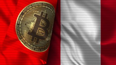 Peru ve Bitcoin Gerçekçi Bayrak Kumaşı Dokusu 3B Görüntü