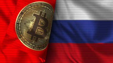 Rusya ve Bitcoin Gerçekçi Bayrak Kumaşı Dokusu 3B Görüntü