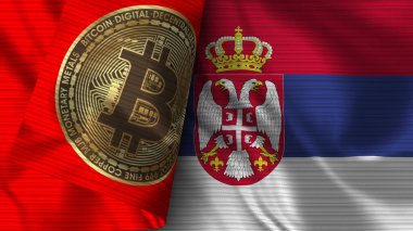 Sırbistan ve Bitcoin Gerçekçi Bayrak Kumaşı Dokusu 3B Görüntü