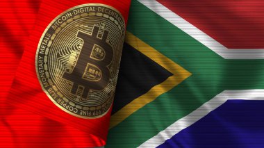 Güney Afrika ve Bitcoin Gerçekçi Bayrak Kumaşı Dokusu 3D Görüntü