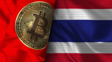 Tayland ve Bitcoin Gerçekçi Bayrak Kumaşı Dokusu 3D Görüntü