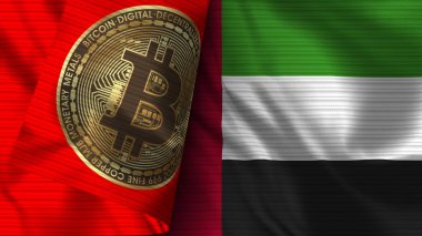 Birleşik Arap Emirlikleri ve Bitcoin Gerçekçi Bayrak Kumaşı 3 boyutlu Görüntü