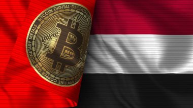 Yemen ve Bitcoin Gerçekçi Bayrak Kumaşı Dokusu 3D Görüntü