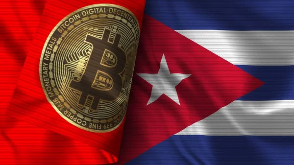 Κούβα Και Bitcoin Ρεαλιστική Σημαία Ύφασμα Εικονογράφηση — Φωτογραφία Αρχείου