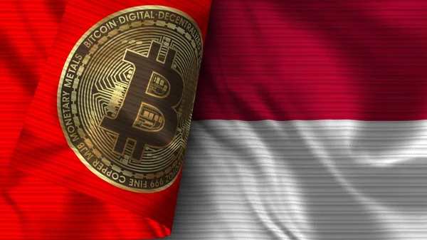 Endonezya ve Bitcoin Gerçekçi Bayrak Kumaşı Dokusu 3B İllüstrasyon