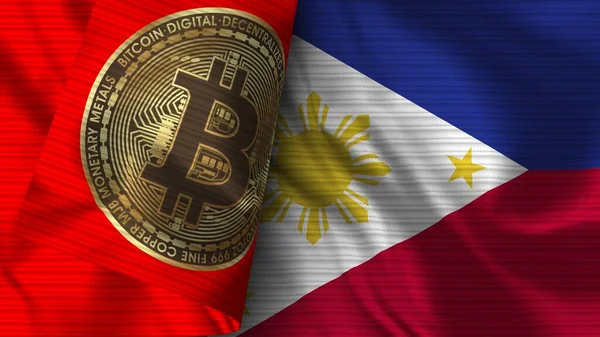 Filipinler ve Bitcoin Gerçekçi Bayrak Kumaşı Dokusu 3D Görüntü