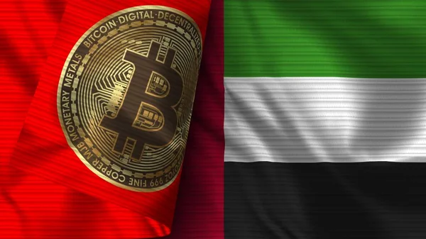 Birleşik Arap Emirlikleri ve Bitcoin Gerçekçi Bayrak Kumaşı 3 boyutlu Görüntü
