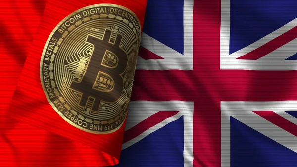 Birleşik Krallık ve Bitcoin Gerçekçi Bayrak Kumaşı Dokusu 3B Görüntü