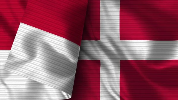 デンマークとインドネシア リアルな旗布テクスチャ3Dイラスト — ストック写真