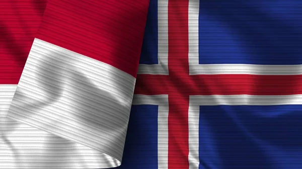 アイスランドとインドネシア Realistic Flag Fabric Texture 3Dイラスト — ストック写真