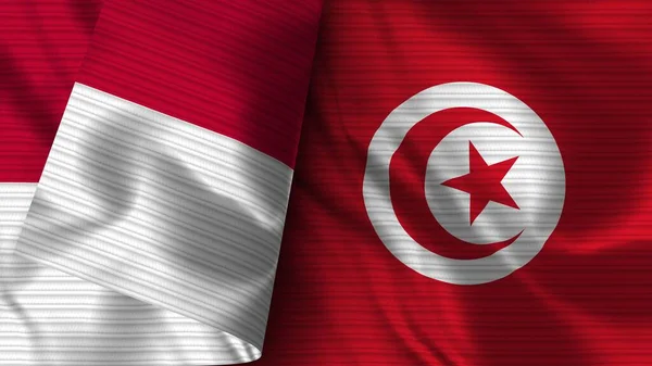 Tunézia Indonézia Realisztikus Zászló Szövet Textúra Illusztráció — Stock Fotó