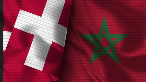 Morocco Denmark Realistic Flag Fabric Texture Illustration — Stock Photo, Image