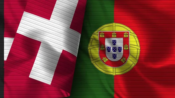 Portugal Och Danmark Realistisk Flaggväv Textur Illustration — Stockfoto