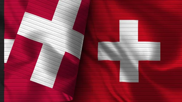 Suíça Dinamarca Realista Bandeira Tecido Textura Ilustração — Fotografia de Stock