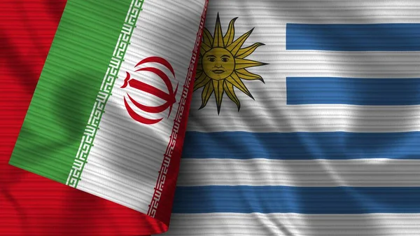 Uruguay Iran Realistische Vlag Stof Textuur Illustratie — Stockfoto