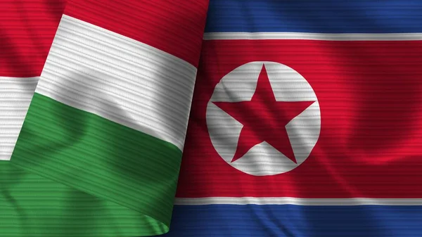 朝鲜和意大利的实际国旗面料3D插图 — 图库照片