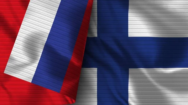 Finlandiya Rusya Gerçekçi Bayrak Kumaşı Dokusu Görüntü — Stok fotoğraf