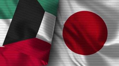 Japonya ve Kuveyt Gerçekçi Bayrak Kumaşı Dokusu 3B Görüntü