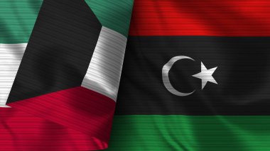 Libya ve Kuveyt Gerçekçi Bayrak Kumaşı Dokusu 3B Görüntü