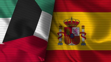 İspanya ve Kuveyt Gerçekçi Bayrak Kumaşı Dokusu 3B Görüntü
