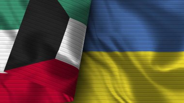 Ukrayna ve Kuveyt Gerçekçi Bayrak Kumaşı Dokusu 3B Görüntü