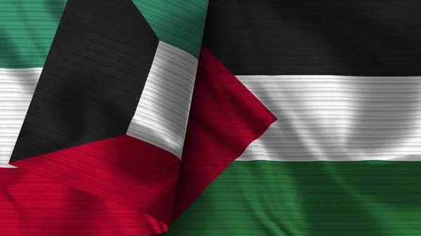 Palestine Kuwait Realistic Flag Fabric Texture Illustration — Stock Photo, Image