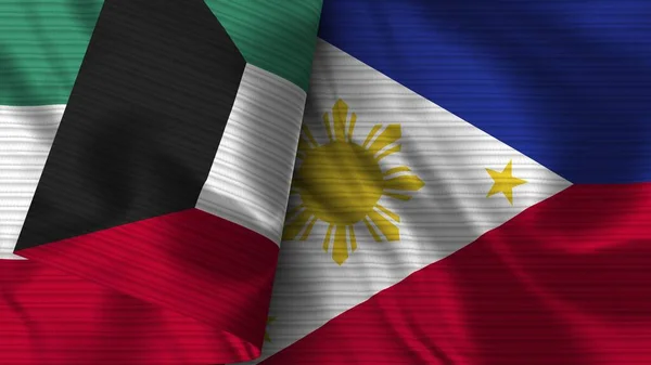 フィリピンとクウェート リアルな旗布テクスチャ3Dイラスト — ストック写真