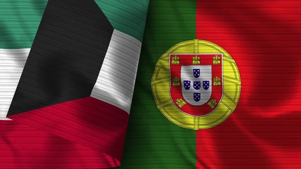 ポルトガルとクウェート リアルな旗布テクスチャ3Dイラスト — ストック写真