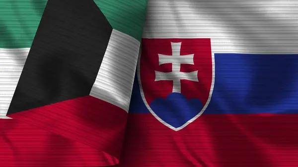 Slovakien Och Kuwait Realistiska Flaggväv Textur Illustration — Stockfoto