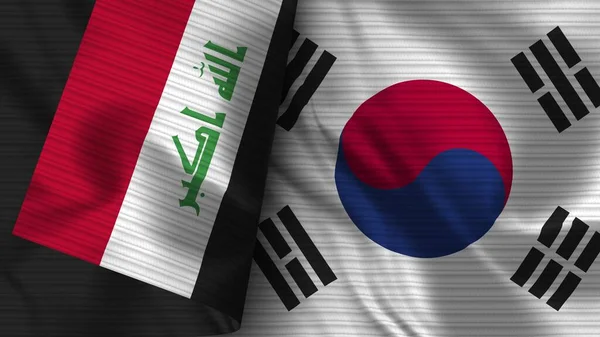 Jižní Korea Irák Realistické Vlajky Textilní Textura Ilustrace — Stock fotografie