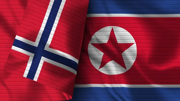 朝鲜和挪威的实际国旗面料3D图解 — 图库照片
