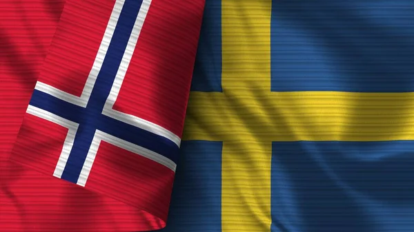 スウェーデンとノルウェー リアルなフラグファブリックテクスチャ3Dイラスト — ストック写真