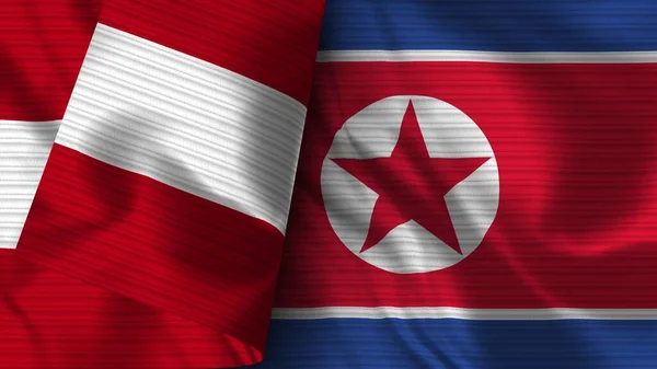 Nordkorea Och Peru Realistiska Flaggväv Textur Illustration — Stockfoto