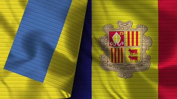 Andorra Ukrayna Gerçekçi Bayrak Kumaş Dokusu Görüntü — Stok fotoğraf