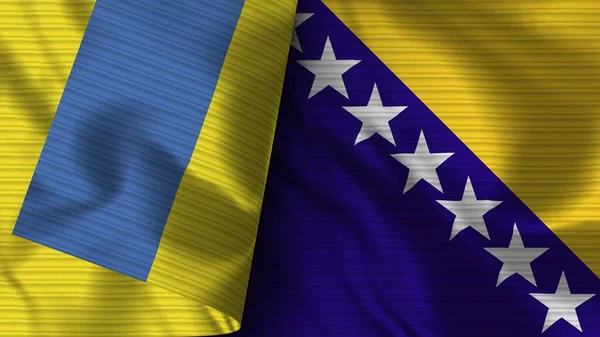 波斯尼亚和黑塞哥维那与乌克兰的实际国旗面料3D图解 — 图库照片