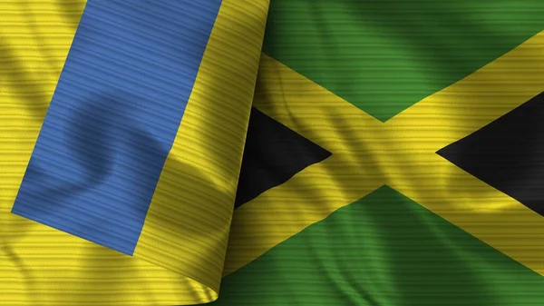 Jamaica Ukraine Realistic Flag Fabric Texture Illustration — Stock Photo, Image