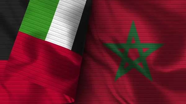 モロッコとアラブ首長国連邦 リアルなフラグファブリックテクスチャ3Dイラスト — ストック写真