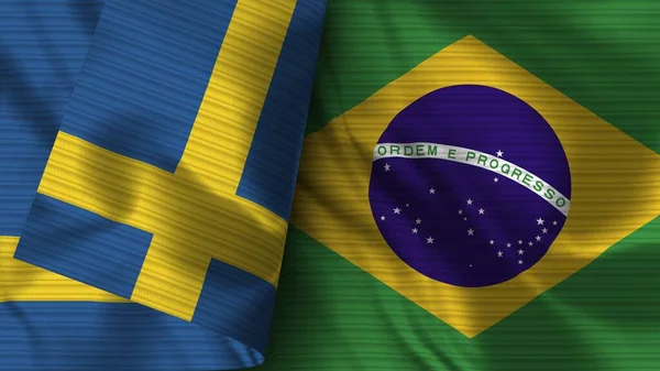Brazil Sweden Realistic Flag Fabric Texture Illustration — Stok fotoğraf
