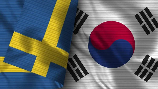 Südkorea Und Schweden Realistische Flagge Stoff Textur Illustration — Stockfoto