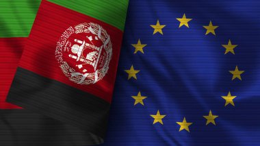 Avrupa Birliği ve Afganistan Gerçekçi Bayrak Kumaşı Dokusu 3D Görüntü
