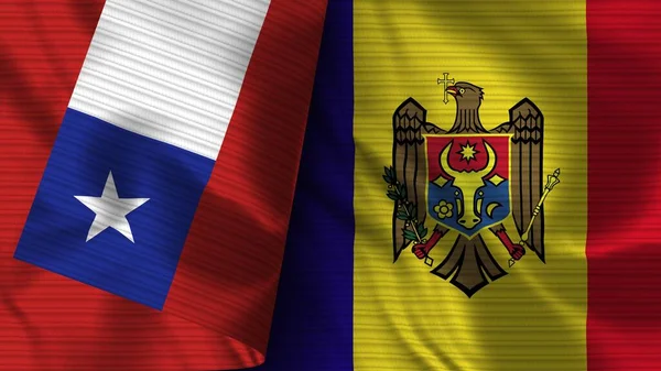 Moldova és Chile Realisztikus zászló szövet textúra 3D illusztráció — Stock Fotó